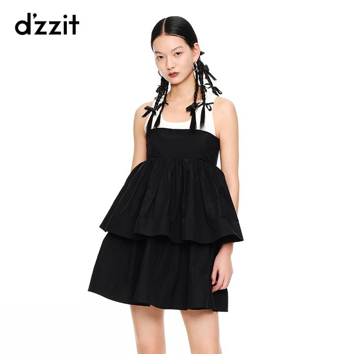 明星同款dzzit地素夏季黑色裹胸式吊带连衣裙蛋糕裙女3E2O101