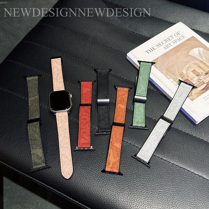 适用苹果手表表带iwatchs11复古花纹皮质硅胶applewatch磁吸扣s10