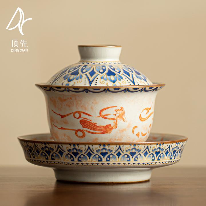 当代 顶先 汝窑开片飞天元宝盖碗复古三才泡茶碗功夫茶具 A9531