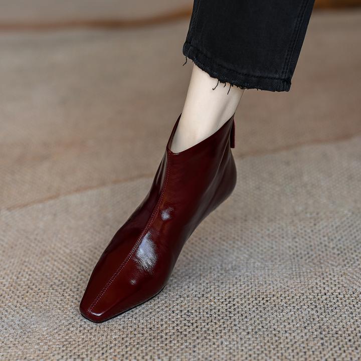 MENEER-M坡跟短靴女2025秋冬真皮靴子小方头后拉链百搭低跟及踝靴