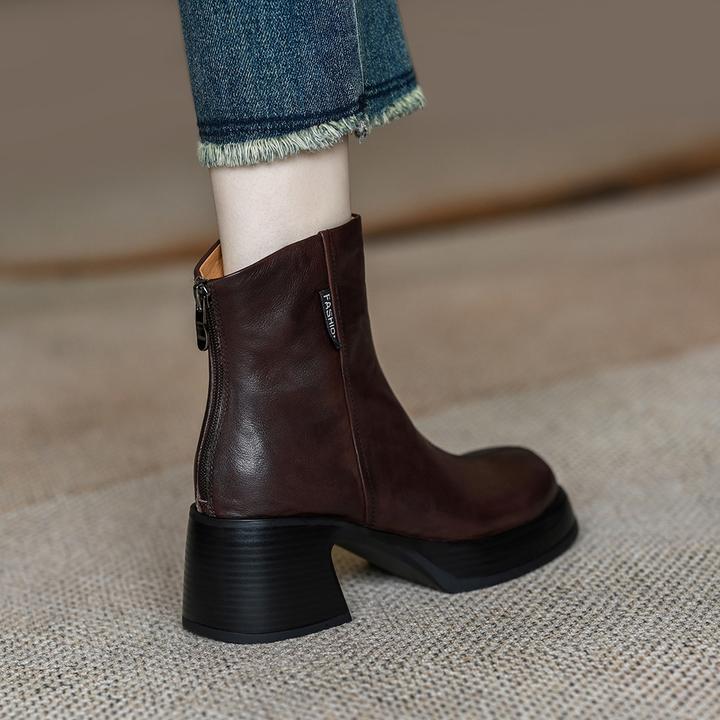2025春季棕色及踝靴女后拉链复古法式高跟大头厚底粗跟短靴鞋子