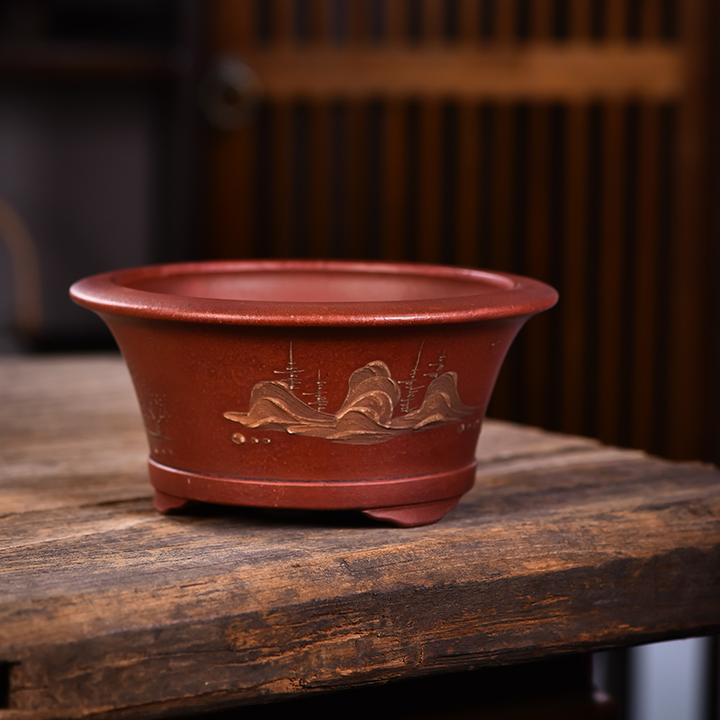 宜兴紫砂手工泥绘宽口束腰圆形斗笠小花盆小树桩盆景盆内径14*7cm