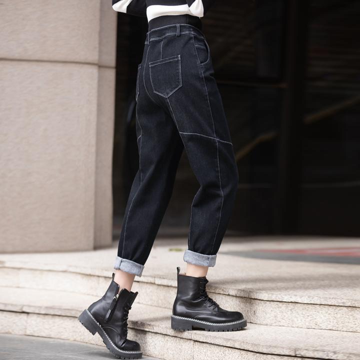 黑色牛仔裤女2024新款秋冬加绒九分裤高腰女裤老爹裤小个子哈伦裤