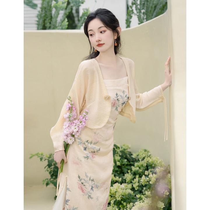 新中式复古国风吊带连衣裙两件套装海边度假风长裙子夏季新款2025