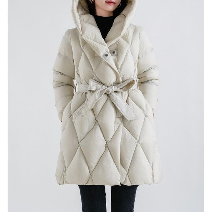 金羽专属高端95白鹅绒羽绒服面包服女款菱格中长款鹅绒服女装连帽