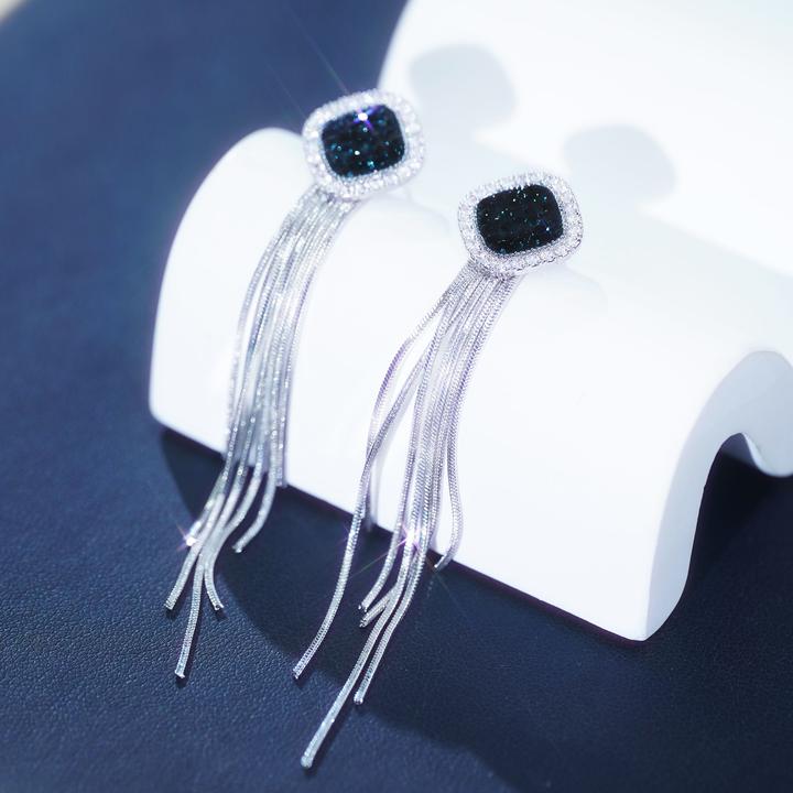 合金合成锆石耳饰 海洋之梦耳环气质蓝色轻奢时尚百搭女人味长款