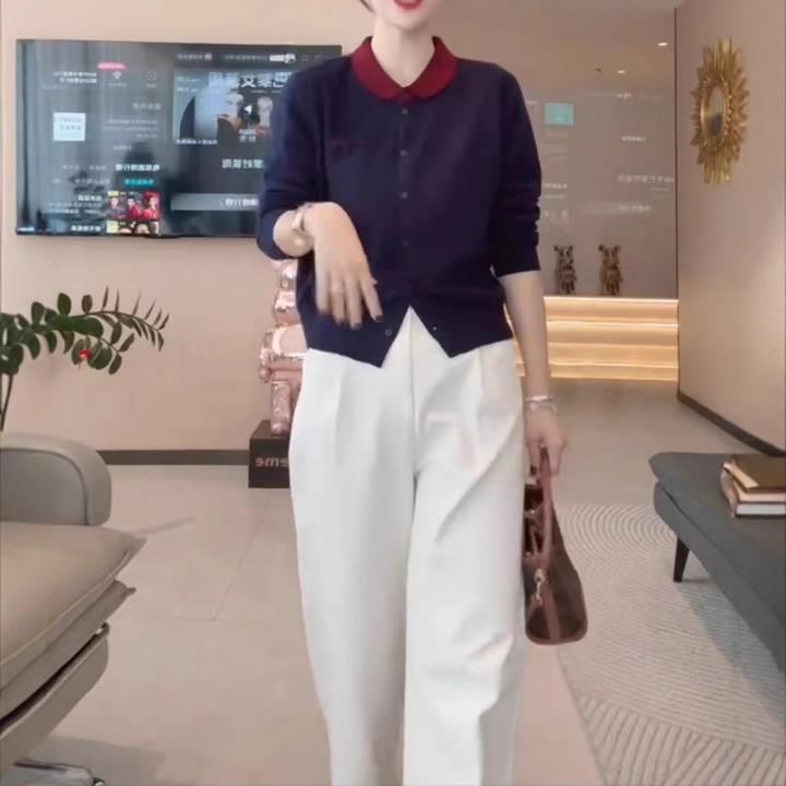 2024秋季新款韩版宽松显瘦假两件时尚翻领外套休闲阔腿裤女两件套