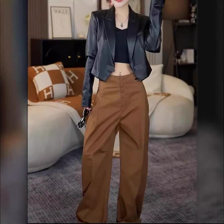 网红爆款时尚两件套女2024秋季新款气质显瘦短皮U西装外套+阔腿裤