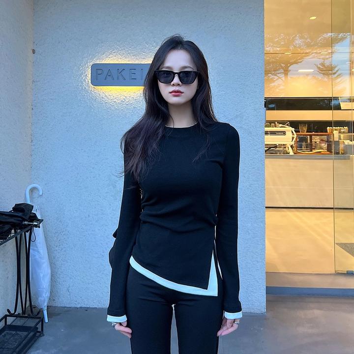 假两件长袖T恤女2024春秋新款撞色拼接不对称修身时尚打底衫上衣