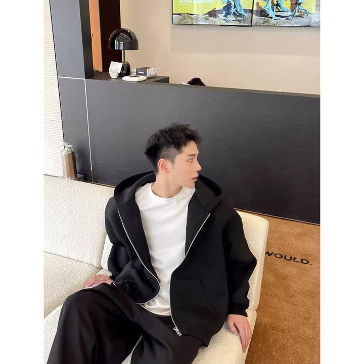 春秋韩版宽松纯色美式保暖连帽卫衣开衫男士双拉链外套男款秋冬款