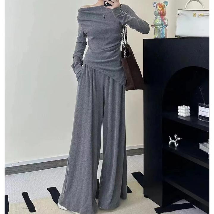 秋装搭配一整套一字肩针织打底衫女2025秋季新款高级感阔腿裤套装