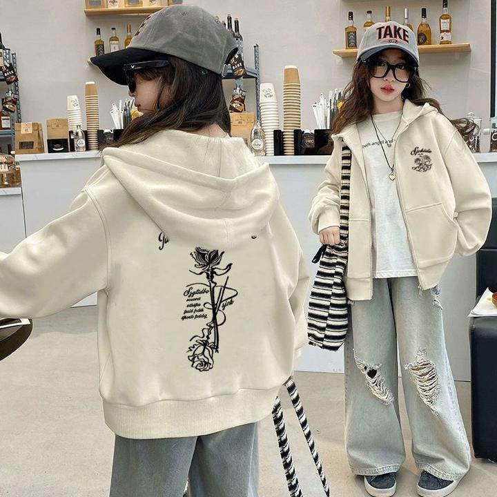 女童字母印花加绒拉链卫衣2024秋冬季新款儿童装女孩宽松休闲外套