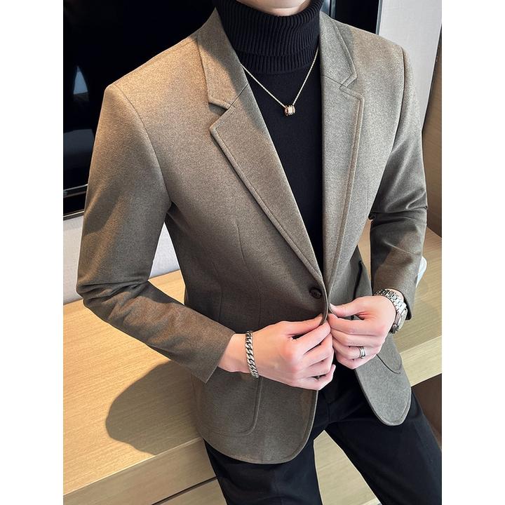 秋冬季毛呢小西装外套高级感英伦雅痞男装休闲修身中开叉单西服