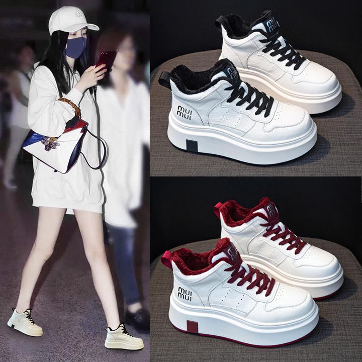 厚底高帮小白鞋女2024新款秋冬加绒运动休闲轻便板鞋小个子增高鞋