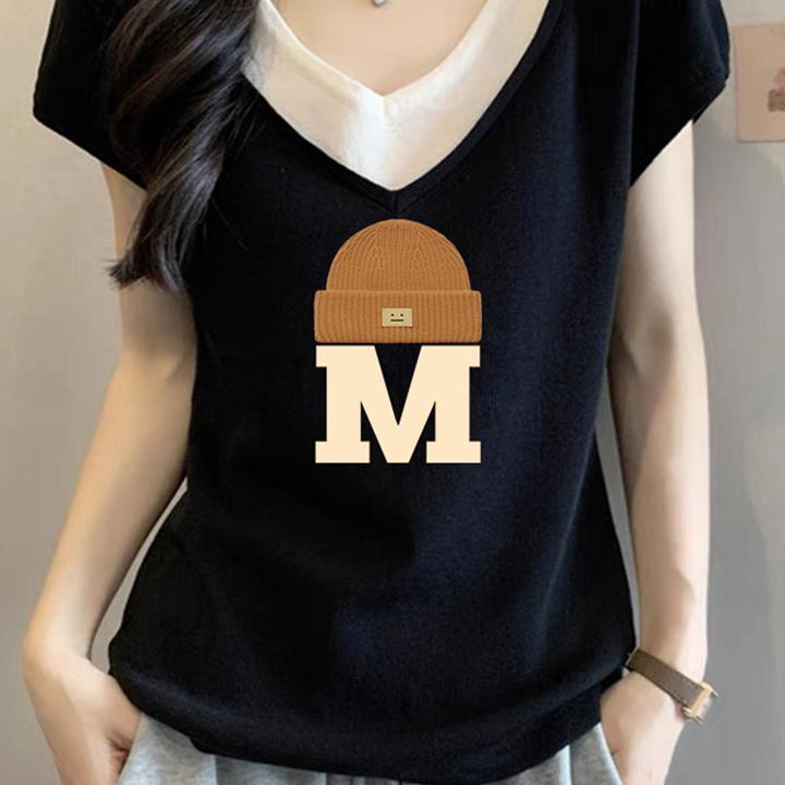 大码黑色假两件正肩短袖T恤女夏季胖mm遮肚显瘦v领宽松棉上衣