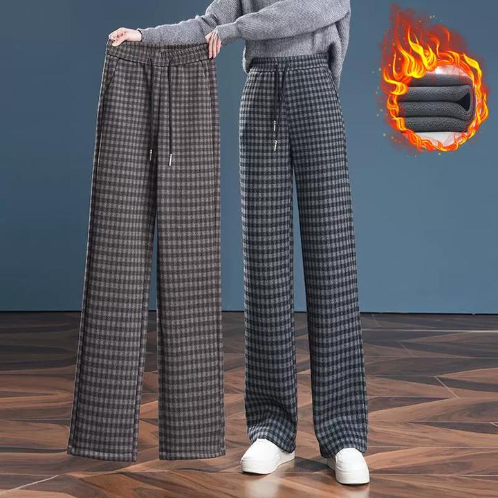 加绒毛呢阔腿格子裤女冬季2024新款松紧高腰韩版显瘦直筒休闲长裤
