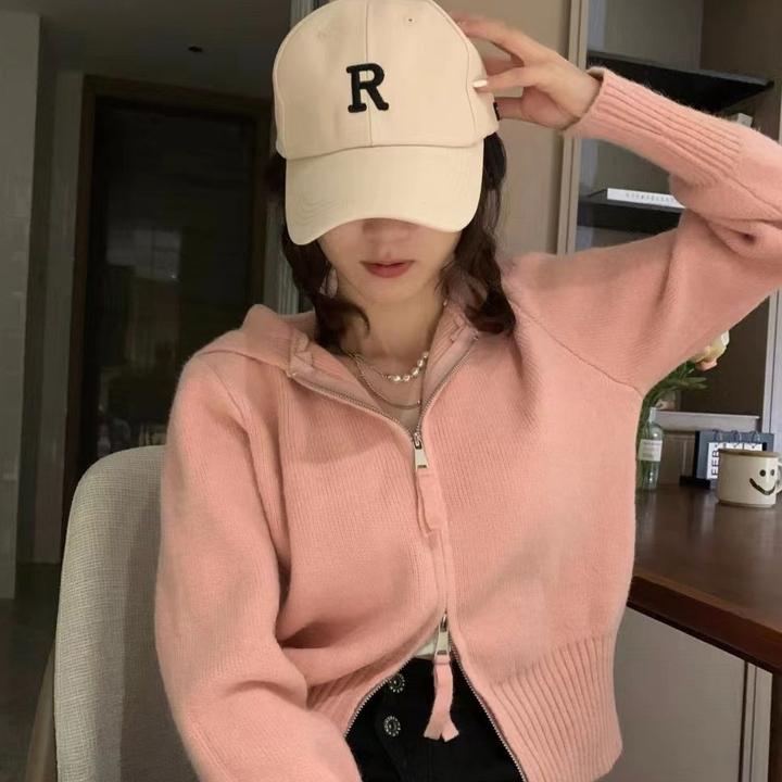 【秋季新款】微光双拉链短款修身毛衣开衫外套女宽松连帽针织衫