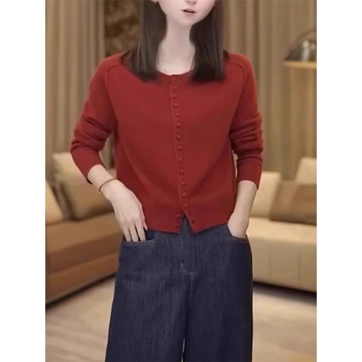 安可拉红针织衫女春秋2024新款妈妈洋气时尚修身显瘦圆领开衫上衣