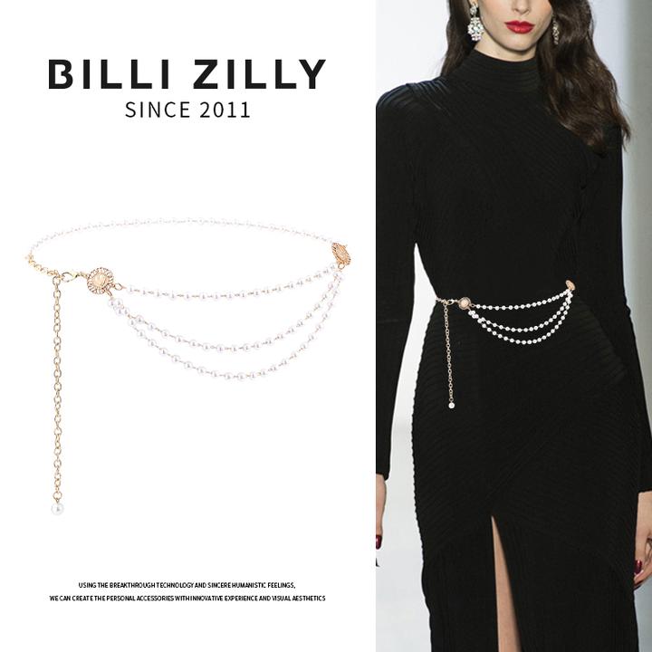 珍珠链条细腰带女士2025新款装饰腰链配连衣裙子西装百搭白色腰封