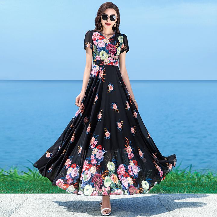 定位花春夏季新款V领优雅高端轻奢气质修身显瘦过膝度假大摆长裙