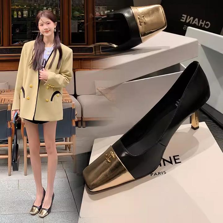 小香风单鞋女春真皮法式方头时尚拼色气质细跟名媛通勤网红高跟鞋