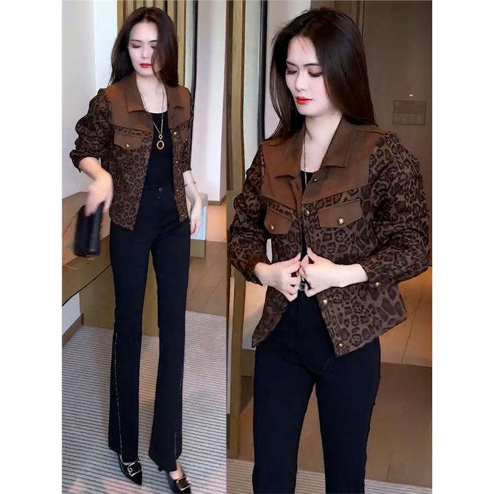 时尚豹纹短外套女2024秋季新款洋气小个子短款洋气拼接显瘦上衣