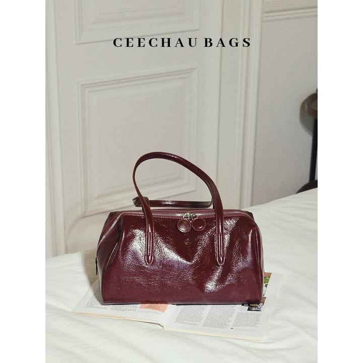 手拎包秋冬通勤定制油蜡牛皮腋下波士顿包女轻奢安可拉红色包包