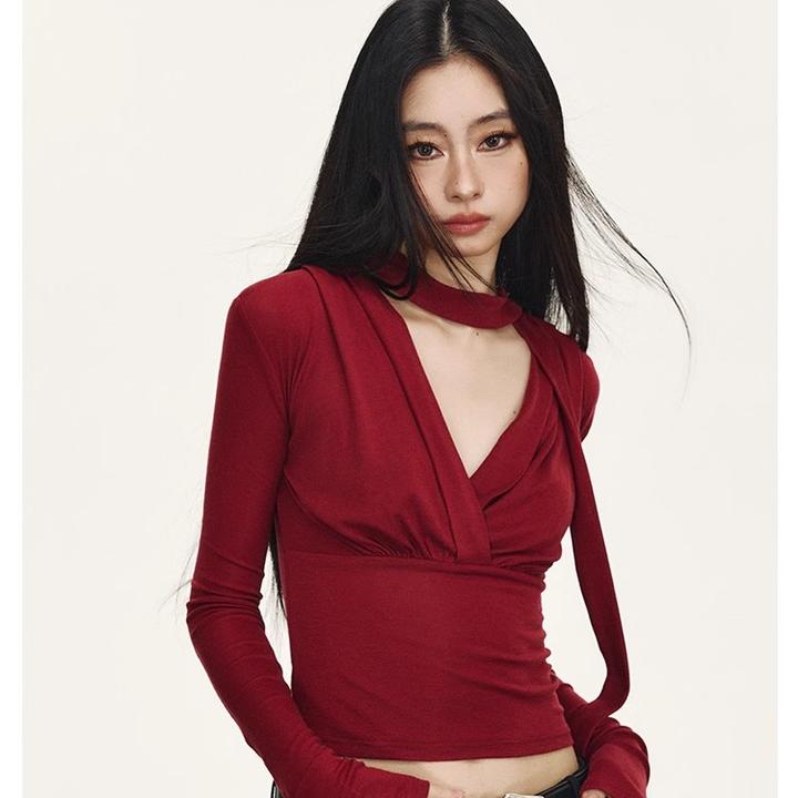 anna aneae天丝羊毛打底衫女秋冬新款交叉v领修身长袖t恤内搭上衣