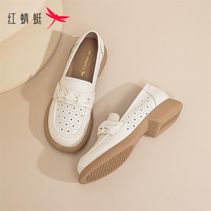 红蜻蜓透气镂空乐福鞋女款2025新款爆款舒适休闲百搭不累脚小皮鞋