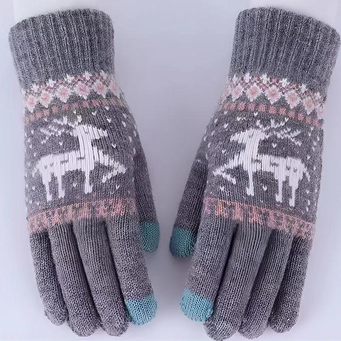 小鹿保暖手套五指触屏毛线针织棉保暖手套大人骑行卡通韩版手套