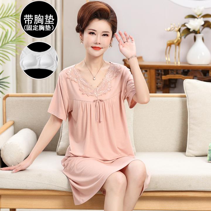 带胸垫中老年人妈妈睡衣女夏季莫代尔短袖睡裙加大码家居服套装