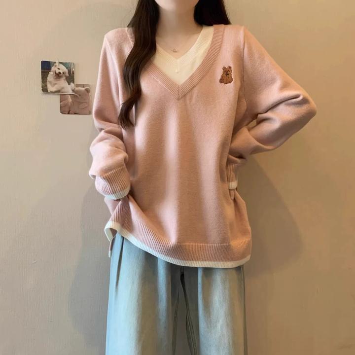 微胖妹妹大码假两件小熊V领打底毛衣女秋冬加厚慵懒风针织衫上衣