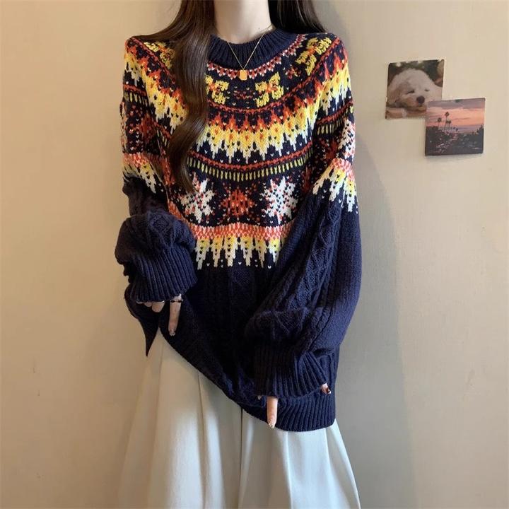 微胖妹妹大码慵懒风提花针织毛衣女秋冬新款韩系高级感中长款上衣