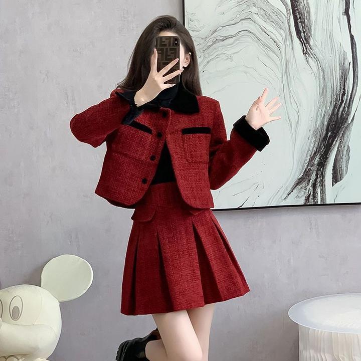 2024单套装轻奢小香风短款外套套装裙女春秋法式高级感百褶裙两件