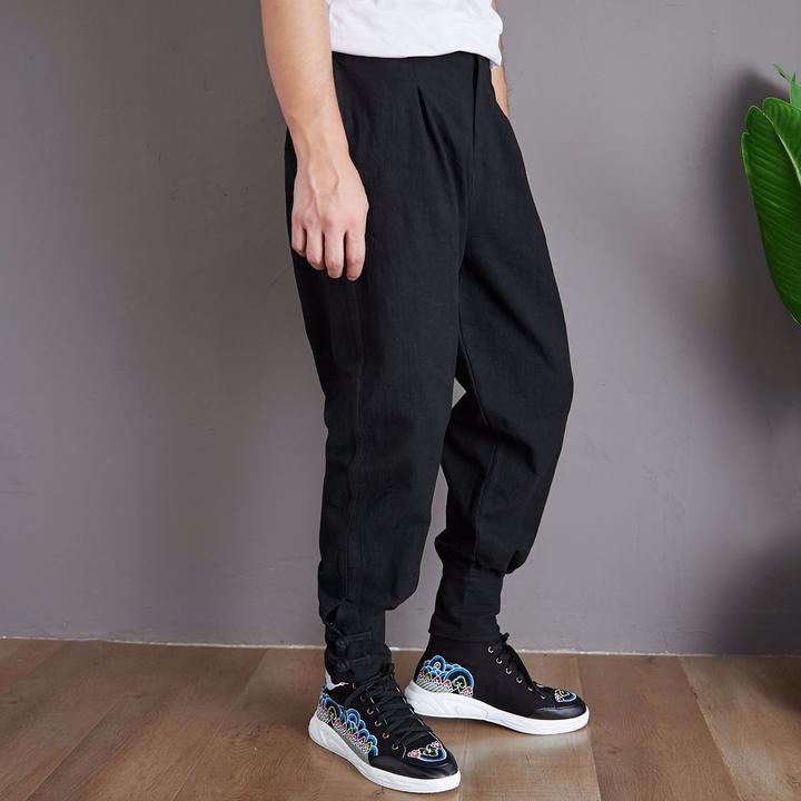 新中式古风复古中国风苎麻男式休闲裤纯色系扣宽松大码男士直筒