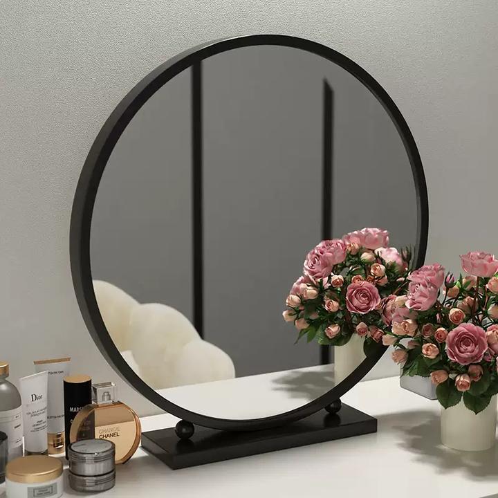 轻奢化妆镜圆形智能梳妆镜卧室台式桌面高级简约铁艺梳妆台大镜子
