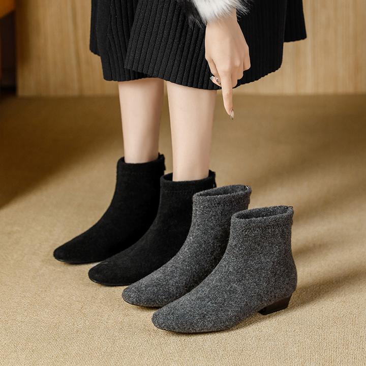 2024秋冬新款韩系绒面粗跟方头小踝靴百搭加绒舒适瘦瘦靴短靴女鞋