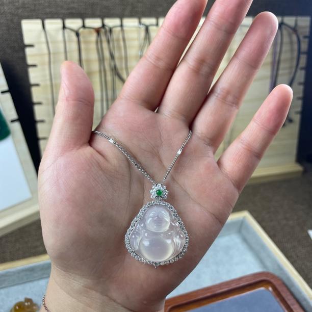 天然白冰玉髓佛公项链女士冰透玛瑙珠宝送礼女款吊坠网红锁骨链