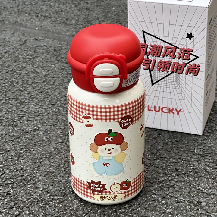 苹果小狗保温杯女生高颜值吸管杯子316不锈钢新款可爱学生水壶