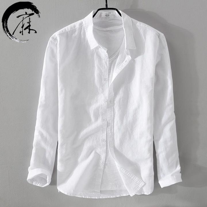 男士新款韩版白色衬衫男长袖薄款棉麻衬衣简约修身休闲寸衫男装潮