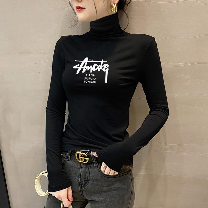 莫代尔高领打底衫高档百搭黑色印花长袖修身春秋冬紧身上衣女T恤