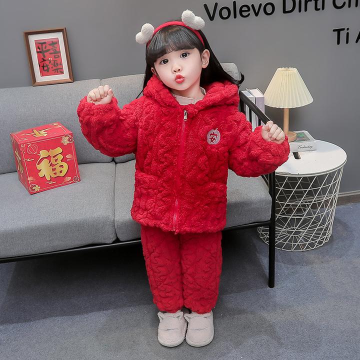 儿童睡衣冬款加厚款女童珊瑚绒女孩三层夹棉冬季加绒家居服可外穿