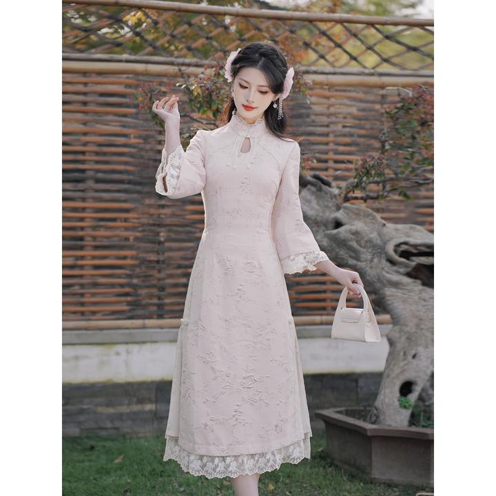 新中式改良旗袍甜美长袖连衣裙女蕾丝气质少女法式日常显瘦小个子