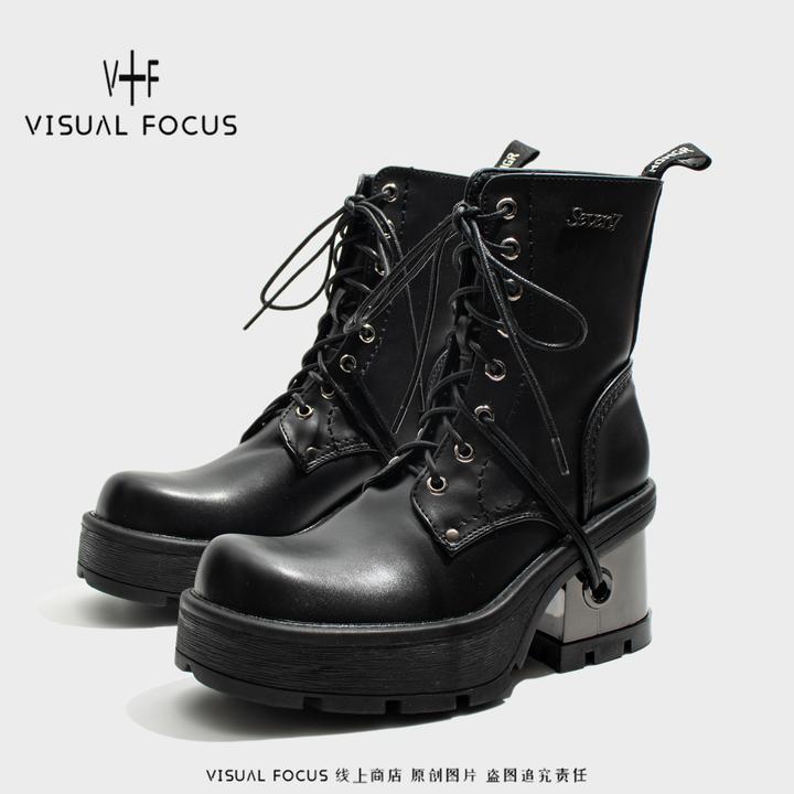 Visual focus 高跟马丁靴女粗跟暗黑哥特风y2k短靴绑带秋冬机车靴