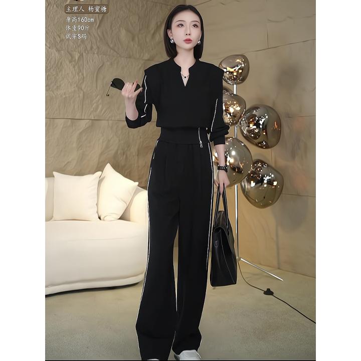 黑色显瘦气质卫衣套装女秋季休闲时尚一整套穿搭显瘦阔腿裤两件套