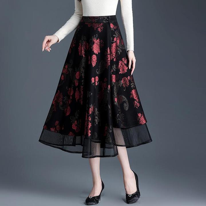 一片式网纱半身裙女秋冬女装新款印花中老年妈妈a字裙中长款纱裙