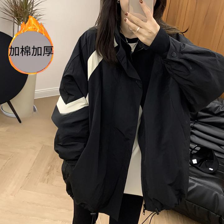 撞色拼接立领夹棉冲锋棉服外套女秋冬洋气加厚宽松防风情侣上衣