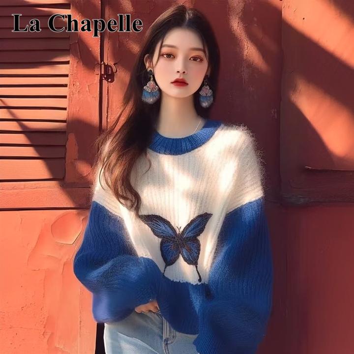 拉夏贝尔慵懒风撞色软糯毛衣女2024秋冬新款打底宽松蝴蝶印花上衣