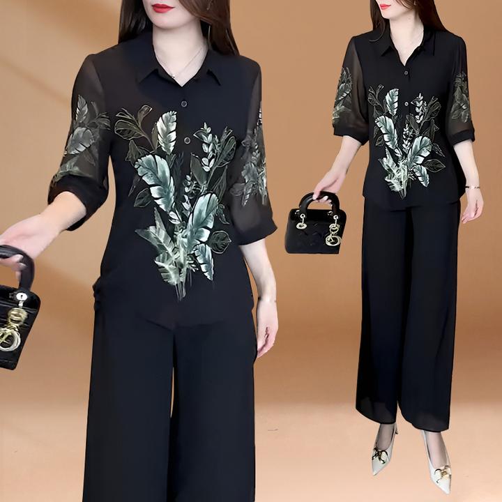 洋气夏装衬衫搭阔腿裤两件套女2026新款中袖印花小衫减龄宽松套装