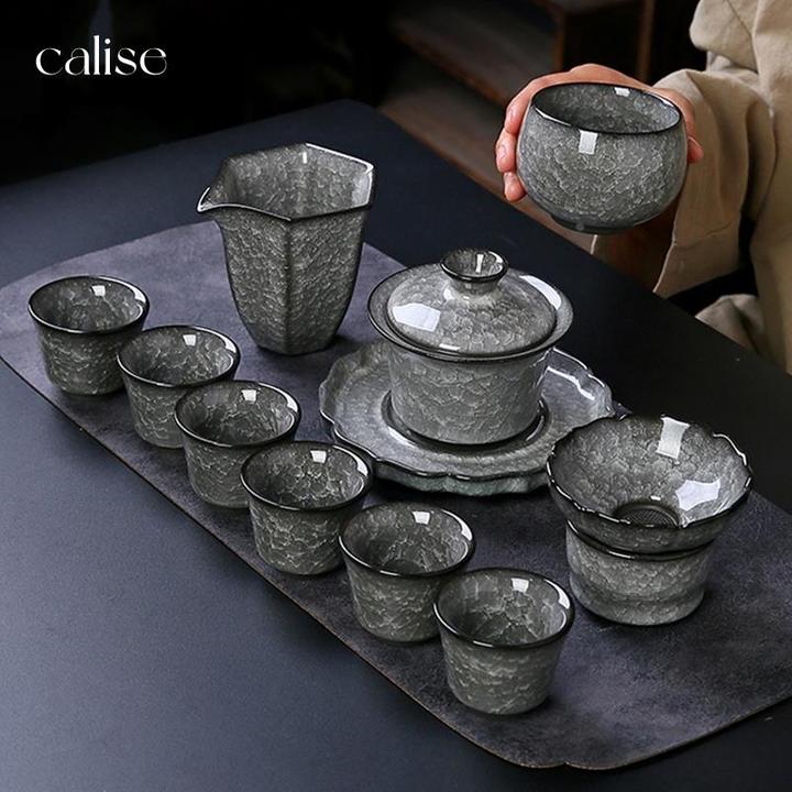 德国黑冰功夫茶具套装可悬停盖碗客厅家用冰裂办公室陶瓷茶杯轻奢